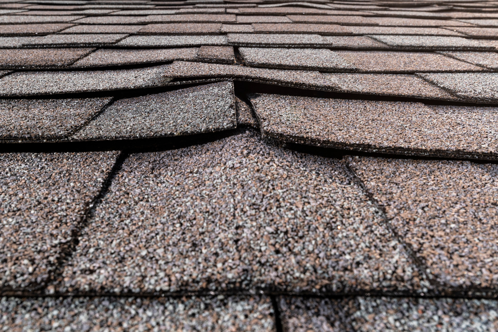 Image depicting a roof with buckling and curling shingles, indicating potential roof damage.