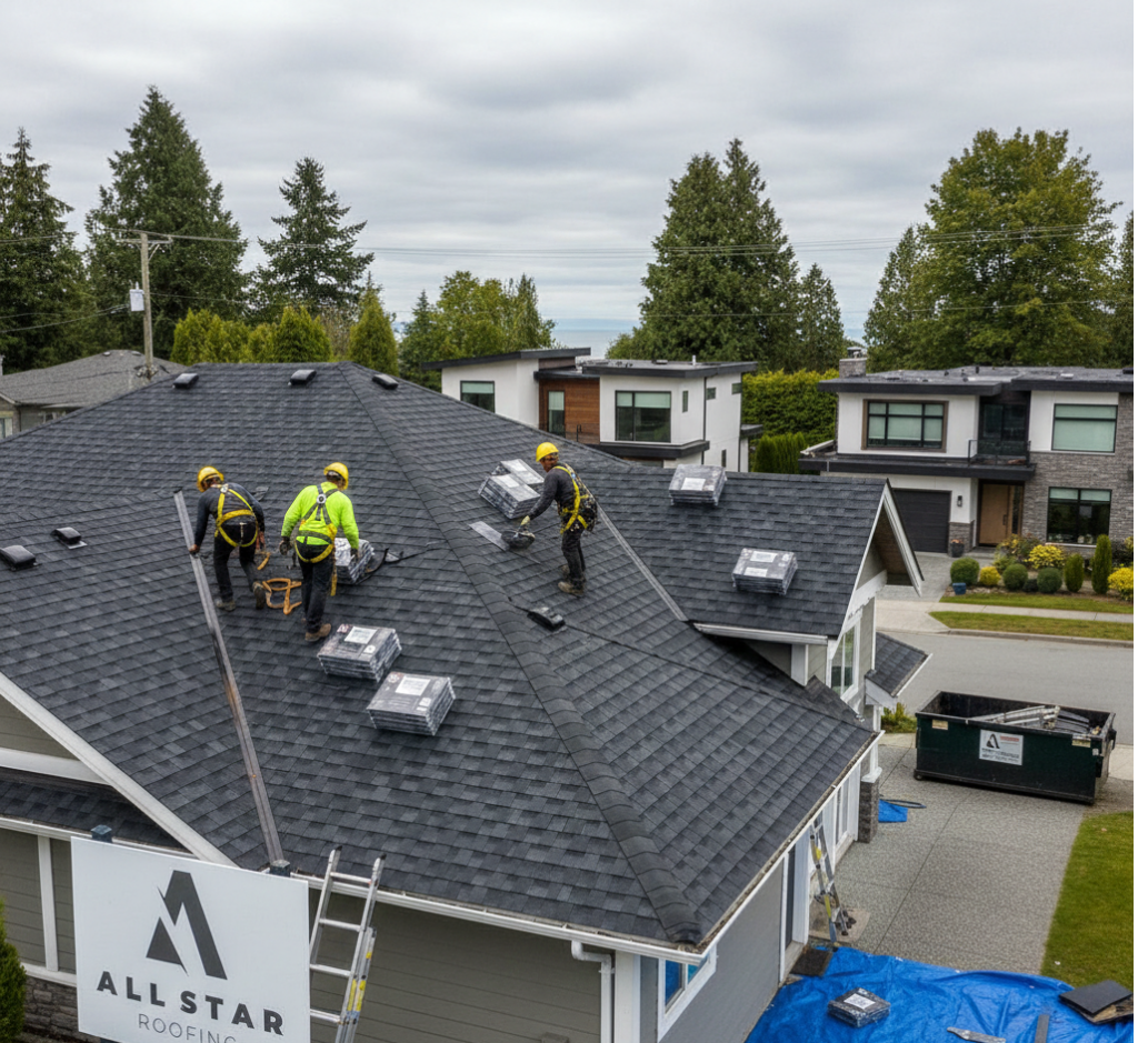 Shingle roofing Vancouver home with professional roofers installing asphalt shingles.