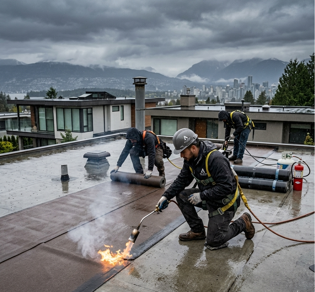 Torch on roofing Vancouver installation on a flat roof by professional roofers.