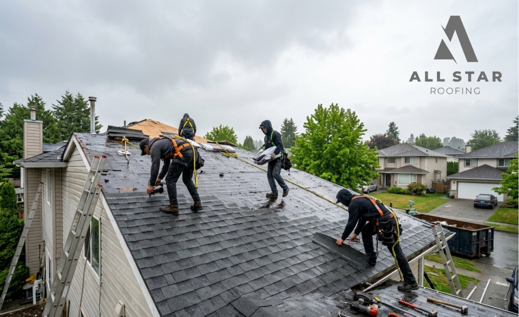 Roof Replacement Vancouver during rainy season by All Star Roofing.