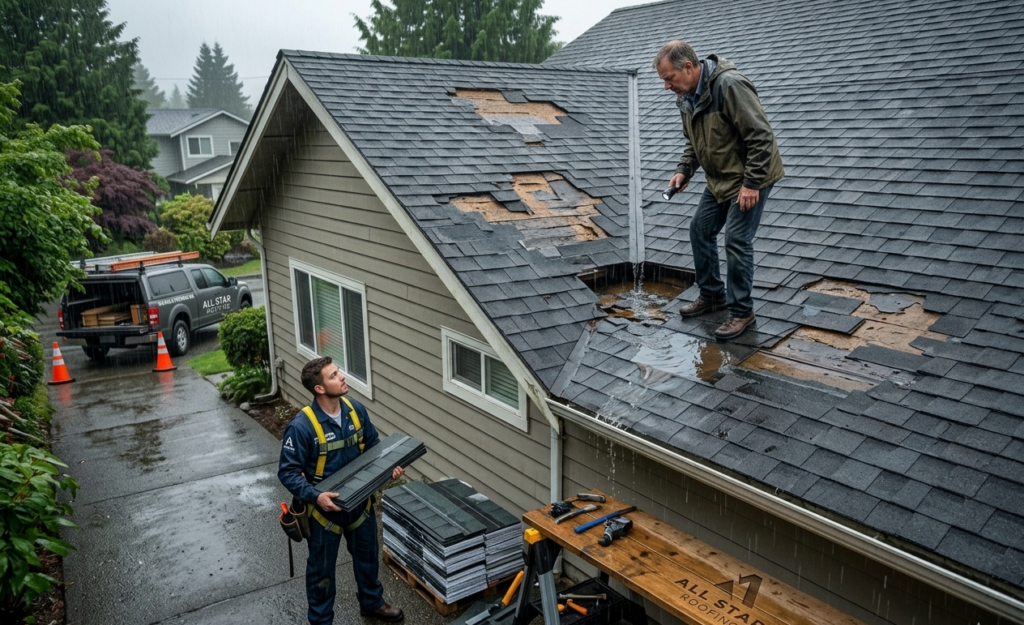 Roof Replacement Vancouver damaged roof with leaks and missing shingles being inspected