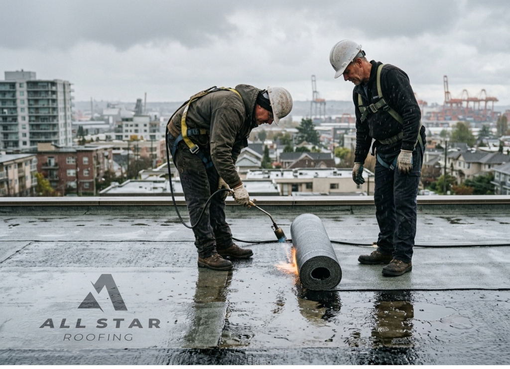 Realistic image of workers installing torch-on roofing Vancouver on a wet flat roof during rain