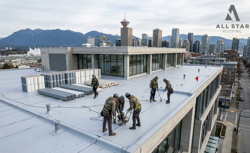 Commercial roofing Vancouver project with workers installing flat roof on modern building