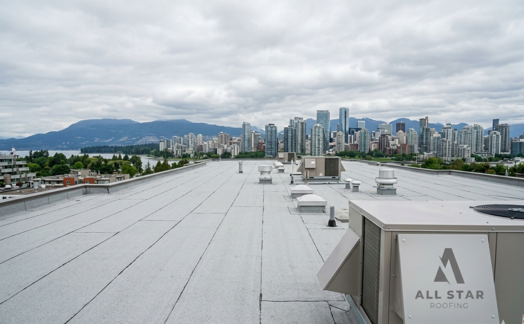 Torch-on roofing system with roof ventilation on a flat roof in Vancouver