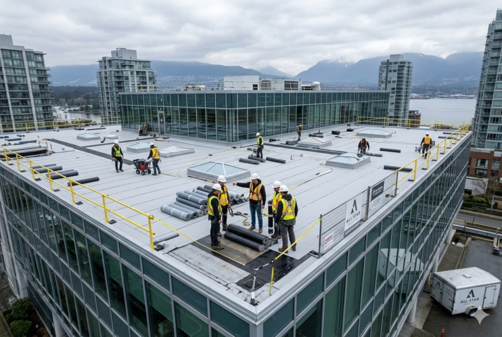 Commercial roofing contractors in Vancouver installing and repairing a flat roof on a modern commercial building.