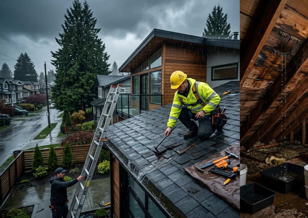 Roof leak repair Vancouver service with professional roofer inspecting damaged residential roof
