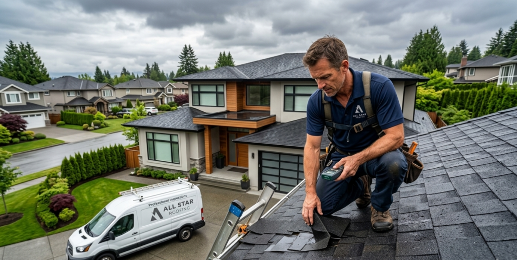 Roof Repair Vancouver professional inspecting damaged residential roof shingles for maintenance and leak detection.