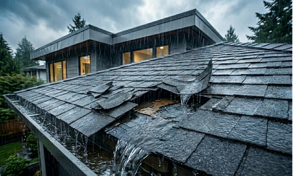 Shingle Roof Repair Vancouver after heavy rain causing roof leaks and damaged asphalt shingles.