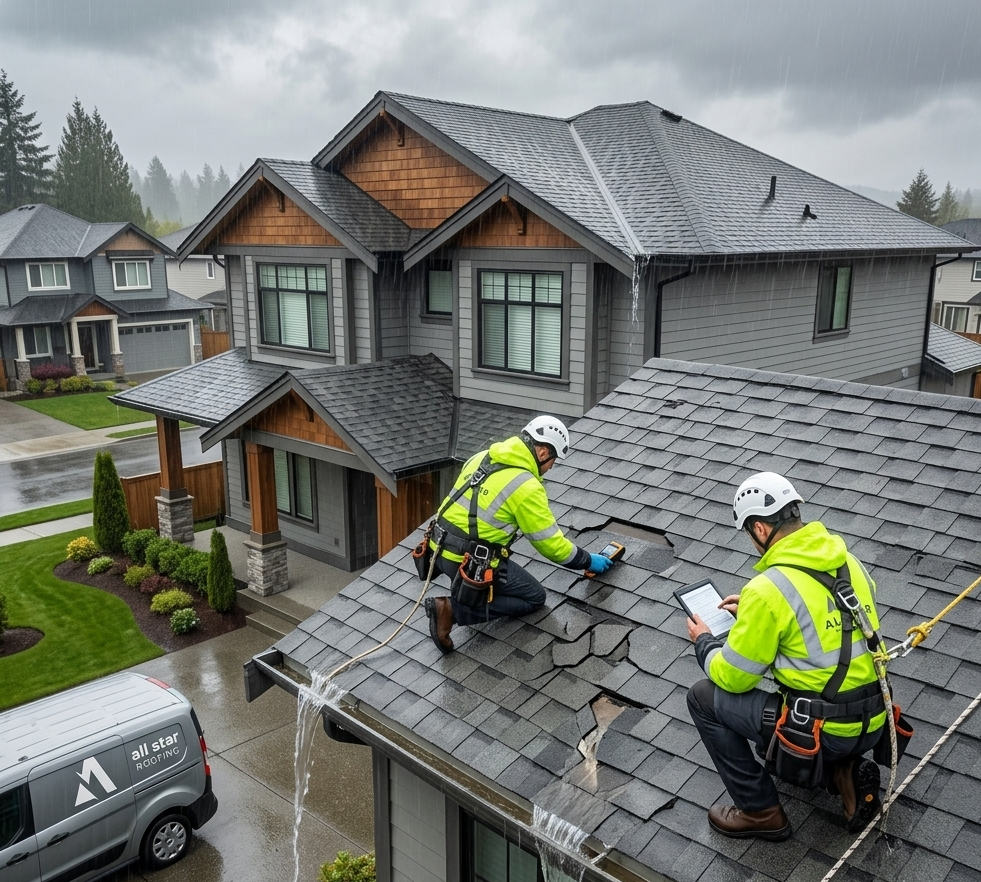 Roof repair in Vancouver during rainy weather.