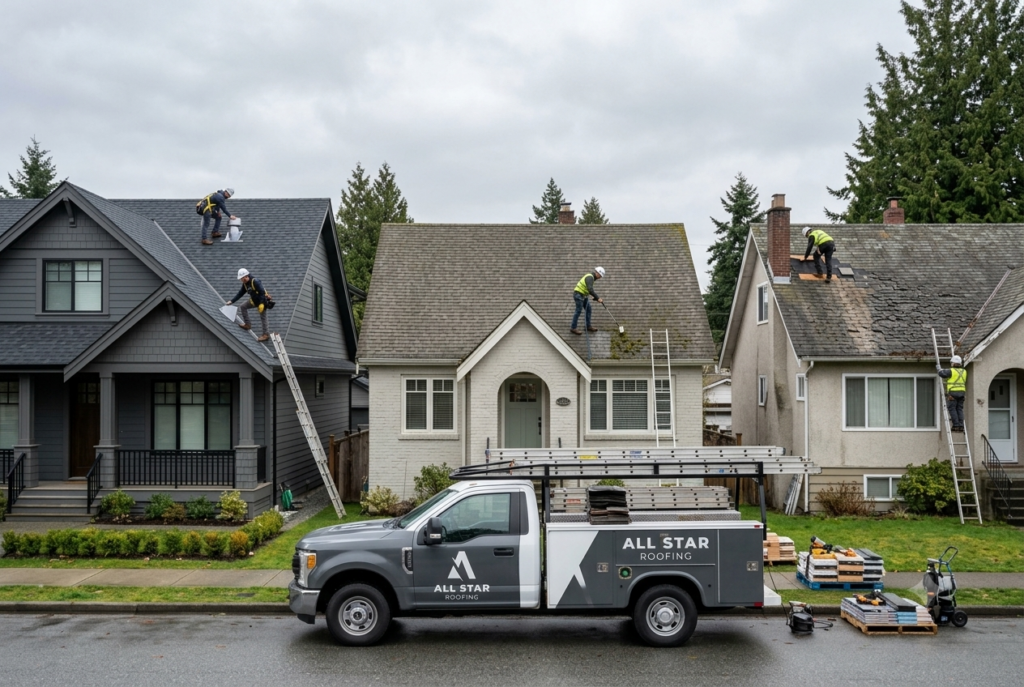 Roofing contractors in Vancouver inspecting a residential roof